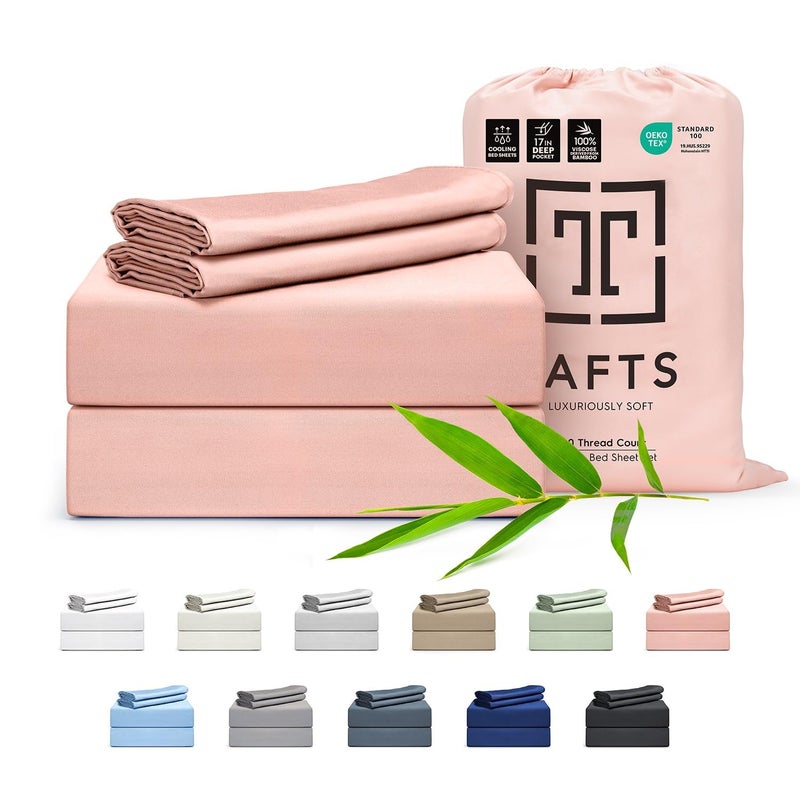 Tafts Cali-King Sheets Set, Pure 100% Viscose derived from Bamboo Bed Sheets Set, Luxuriously Soft, Silky, Cooling Sheets, Double Stitched, Lifetime Quality Promise (Pale Blush) - Image 1